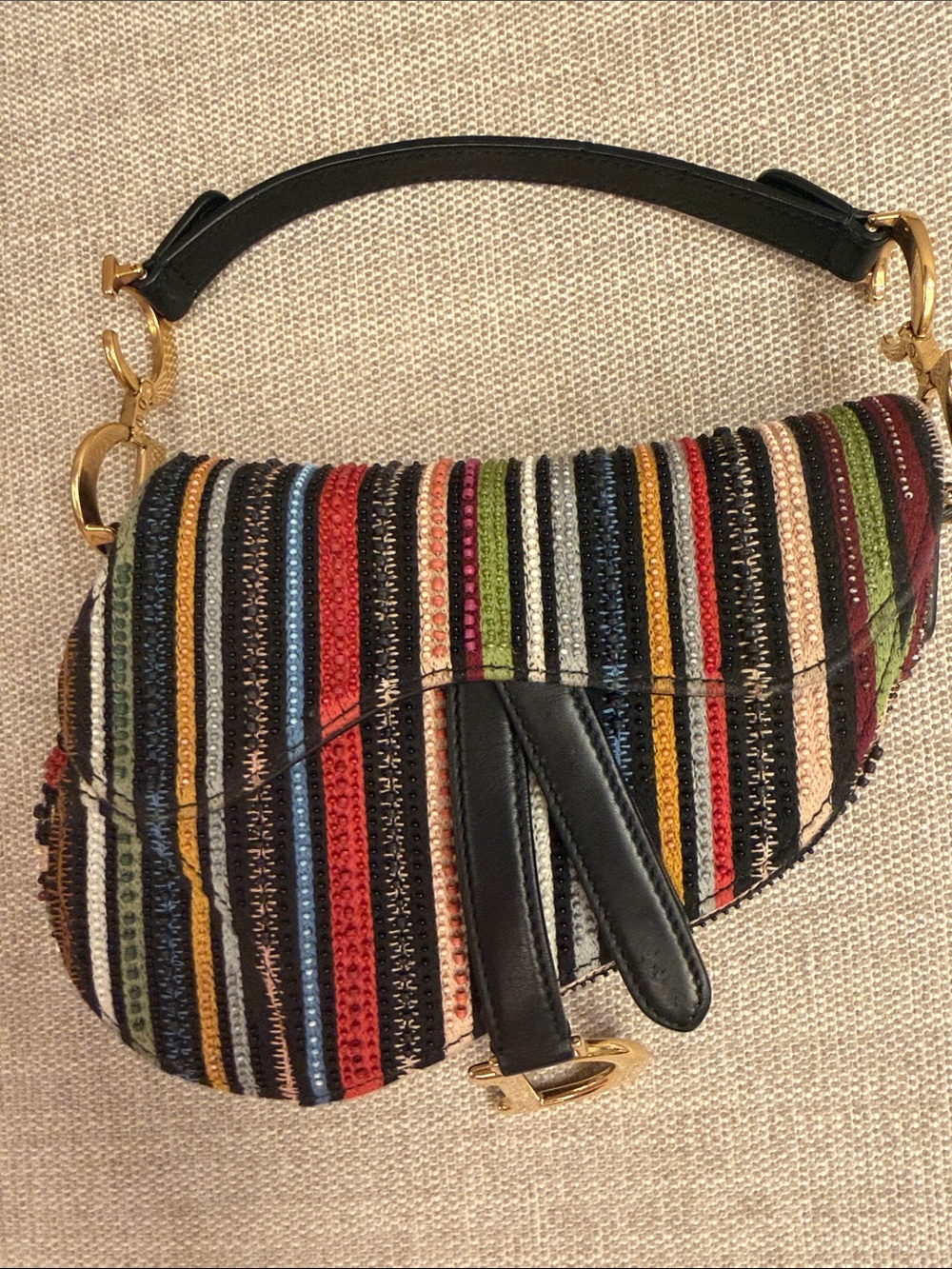 Dior Multicolor Striped Saddle Bag with Gold D Charm - Picture 4 of 4